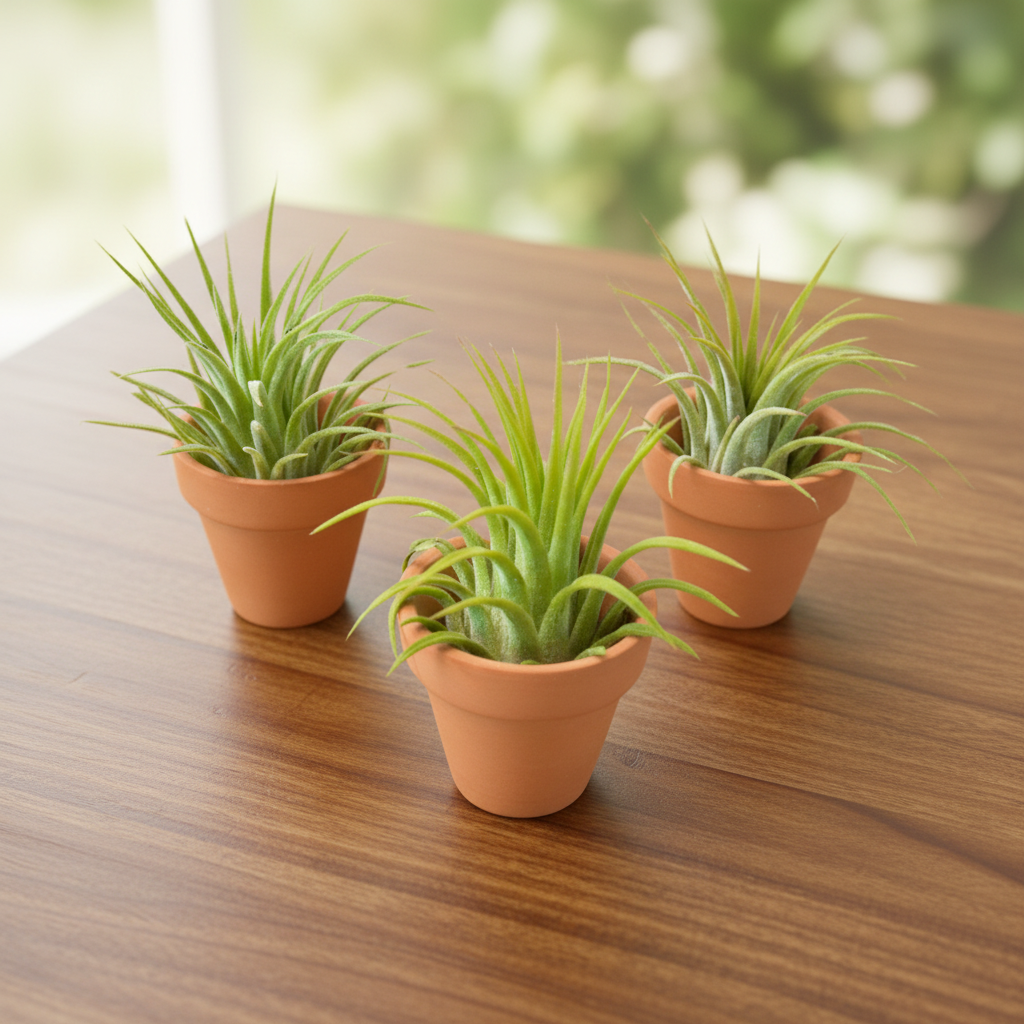 Four small potted plants with green leaves on a white background sitting on a brown table
