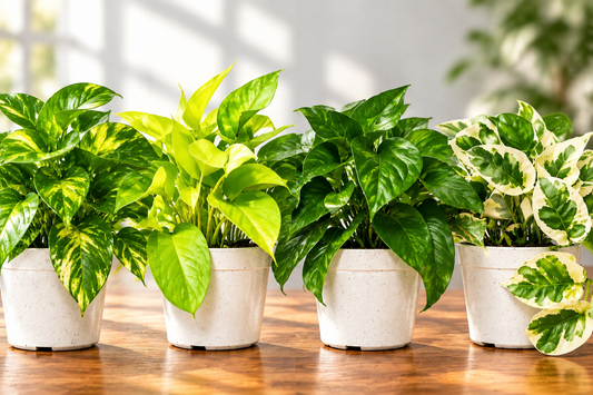 Close up view of 4 Different Pothos Plants with green leaves in white 4" Pots on a brown surface with grey background