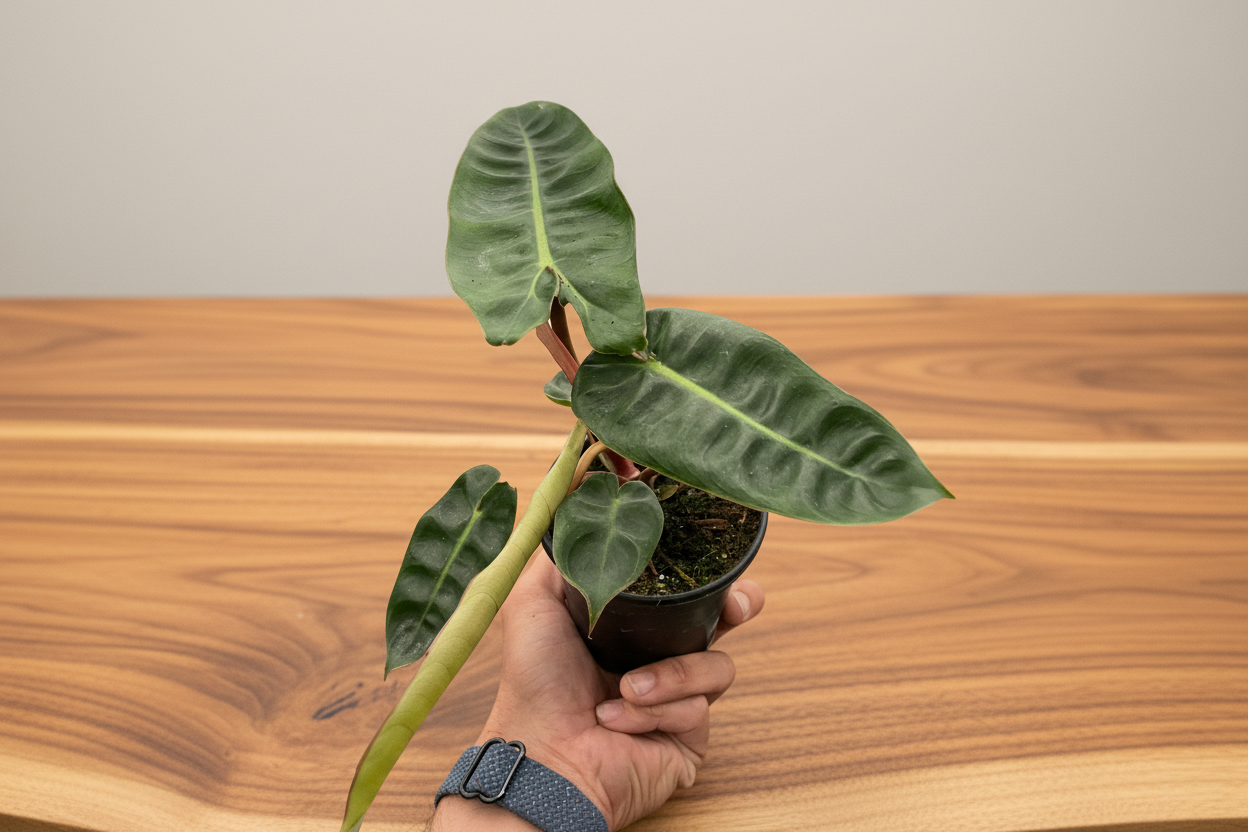 Hand holding a potted plant with a white background