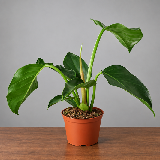 Philodendron green Congo with dark green leaves in a brown pot sitting on a brown table with grey background