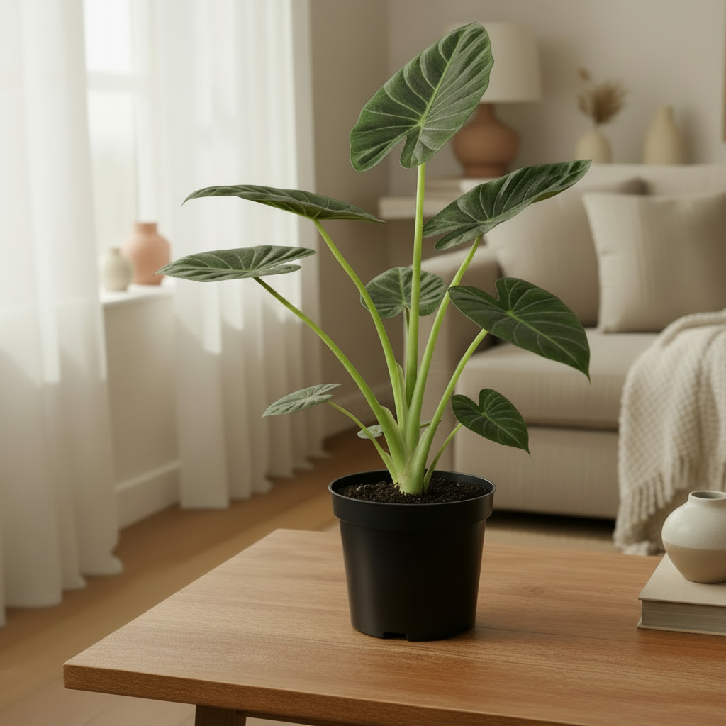 alocasia regal shield plat with green leaves in black pot sitting on a table in a living room with a window