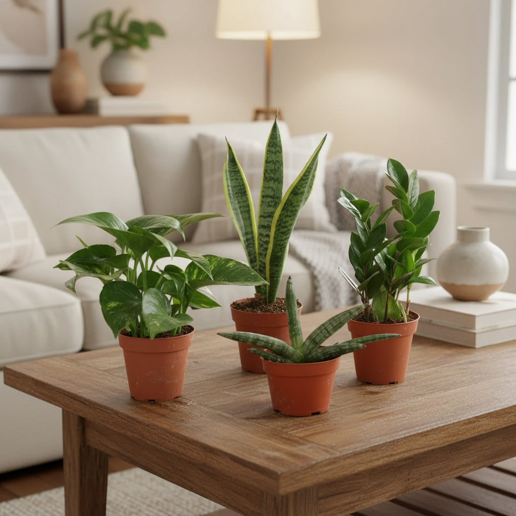 Four potted plants with green leaves in brown pots on a coffee table in a living room setting