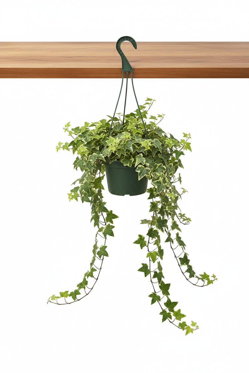 Hanging basket with a green plant on a white background