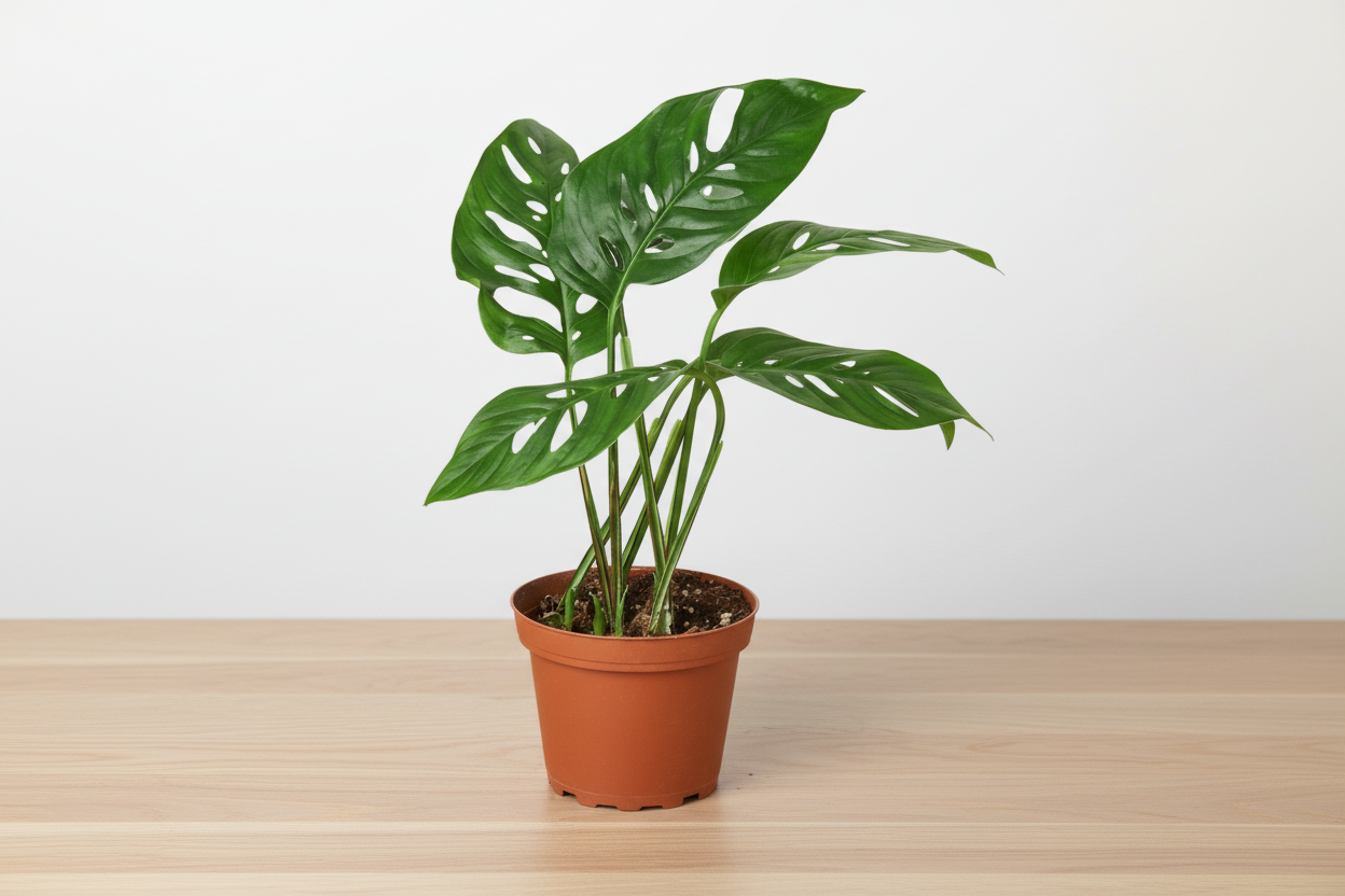 Monstera Adansonii 'Swiss Cheese' plant with dark green fenestrated leaves in a brown pot on a wooden surface.