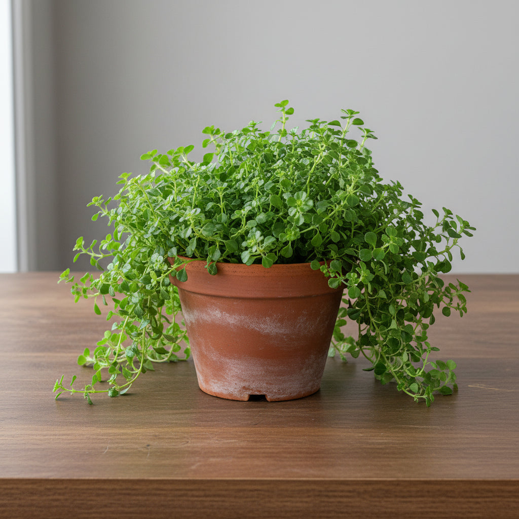 Lush Nettle 'Baby's Tear' plant with tiny, bright green leaves cascading from a rustic terracotta pot.