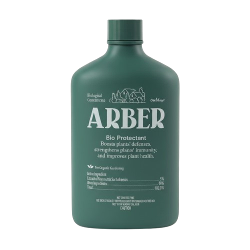 Dark green Arber Organic Bio Protectant bottle with white label, biological concentrate for outdoor gardening.