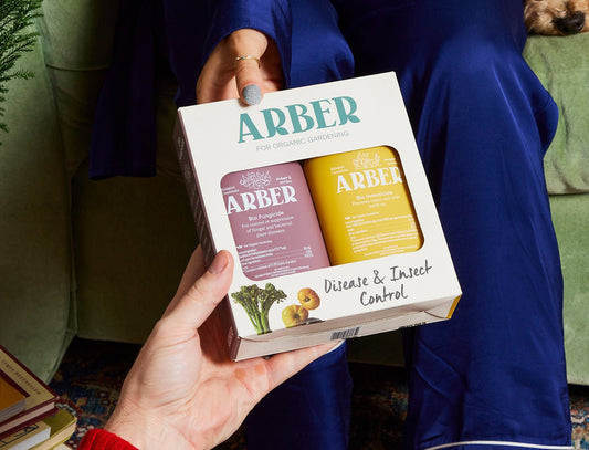 Hands holding an Arber Organic Disease & Insect Control Starter Set with green and yellow bottles in a white box.