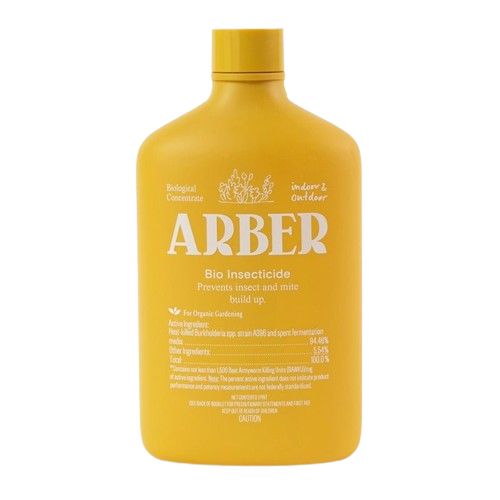 Arber Organic Bio Insecticide in a matte yellow bottle with white text, for indoor and outdoor use.