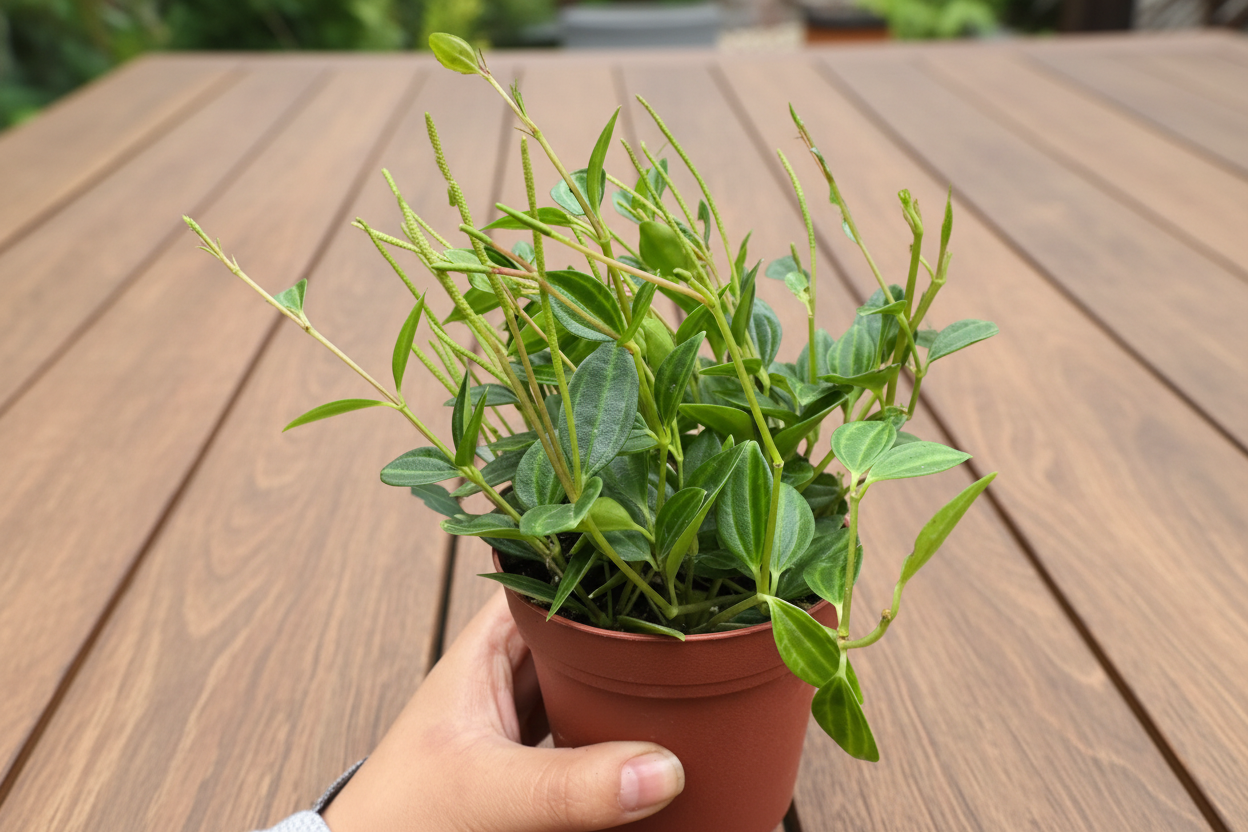 Hand holding a Peperomia 'Angulata' plant in a brown pot, showing dark green leaves with pale stripes.