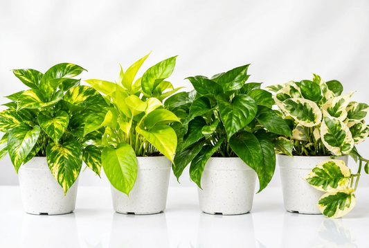 Close up view of 4 different plants including, golden pothos, njoy pothos, neon green pothos, green global pothos with green and variegated leaves and neon green leaves trailing in white 4" Pots on a white background.