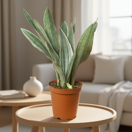 Snake Plant 'Sayuri' with tall, variegated green and silver-striped leaves in a brown pot sitting on a table in living room