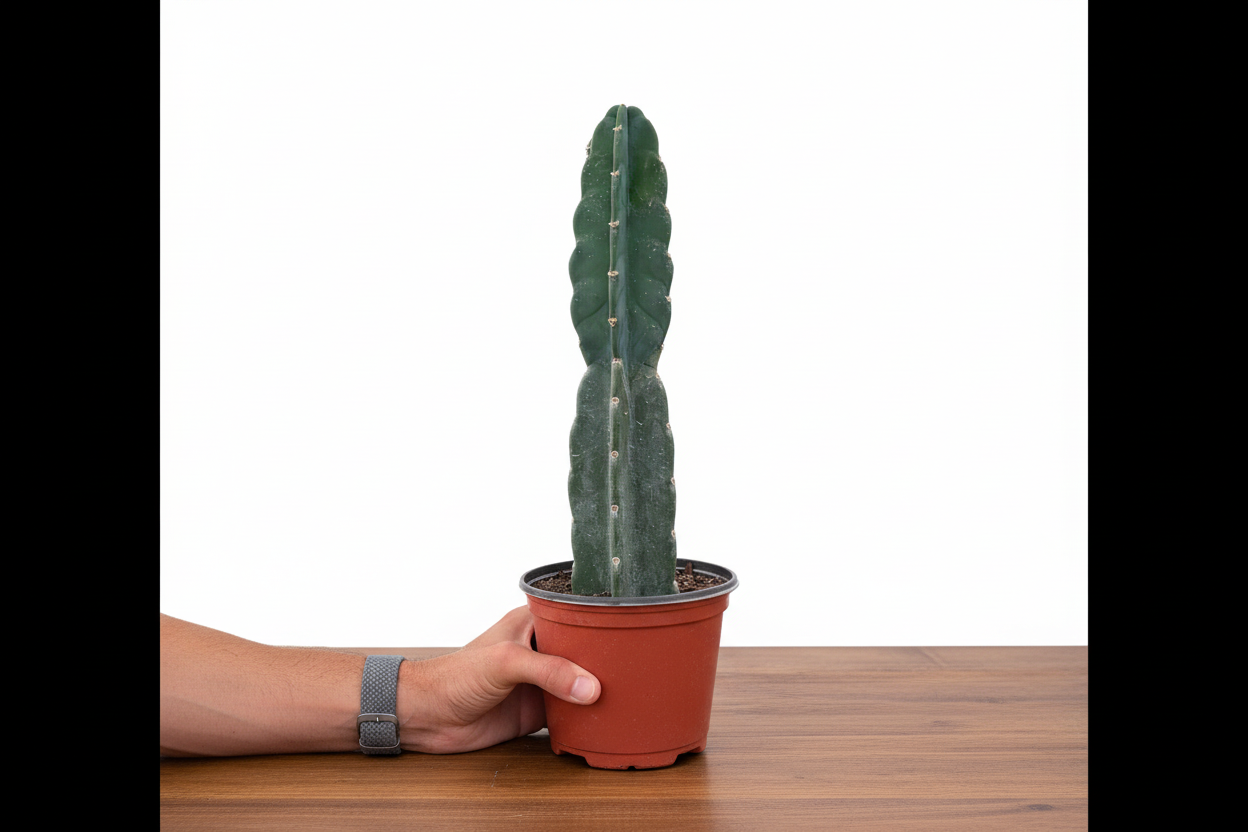 Hand holding a potted cactus plant against a white background