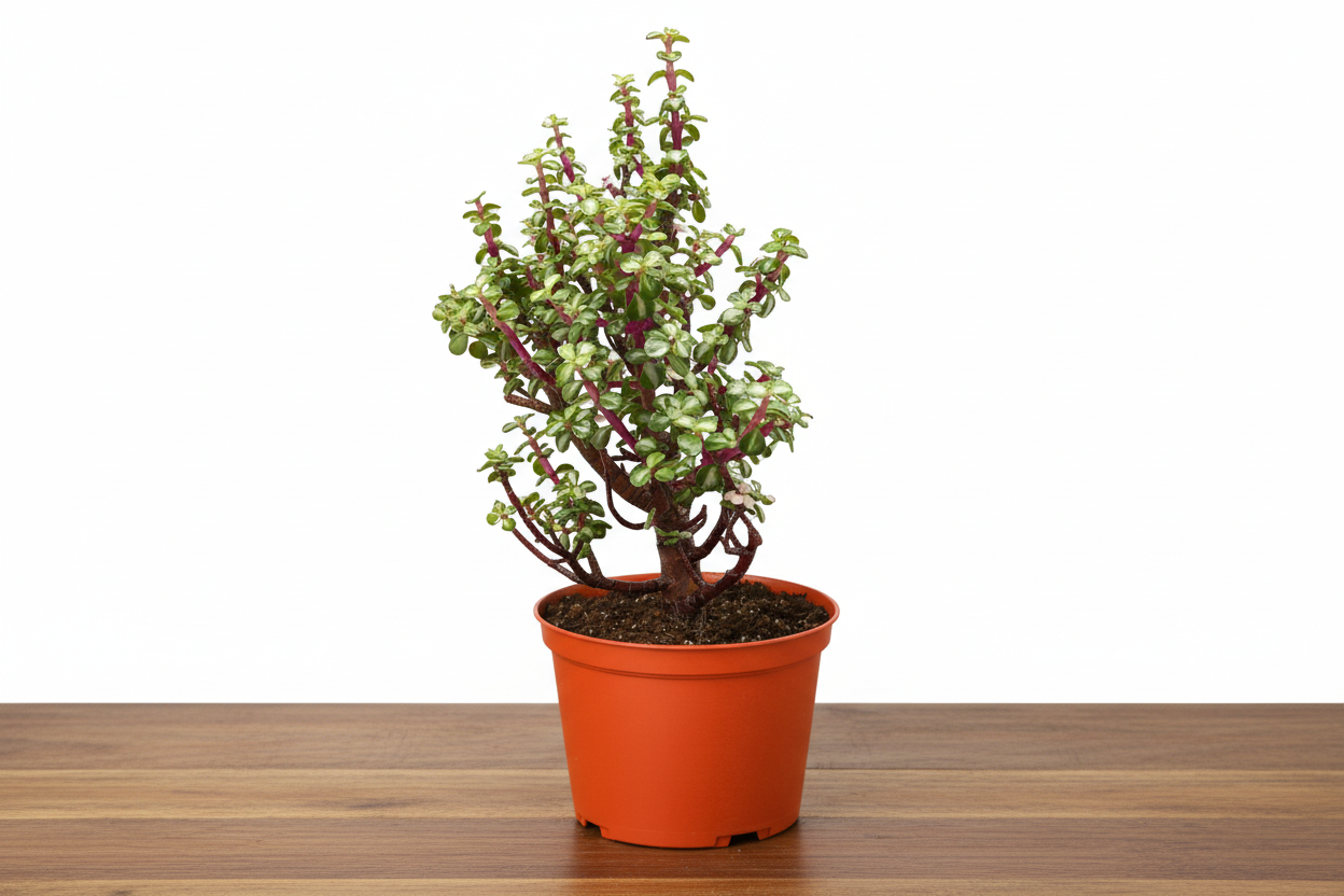 Vibrant Rainbow Elephant Bush succulent in an orange pot on a wooden surface.