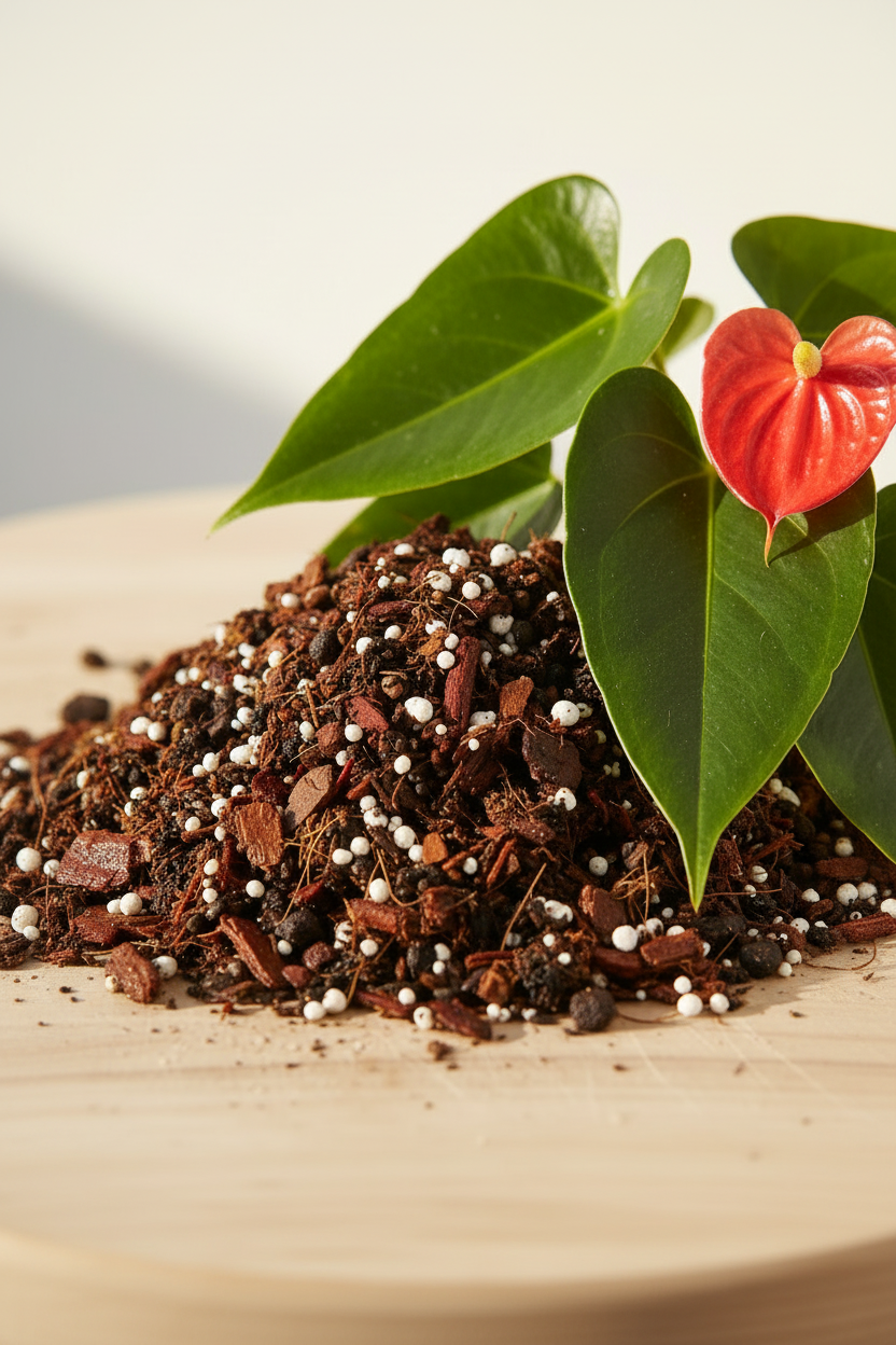 Potting soil on a table with a anthurium plant with green leaves and red flower 