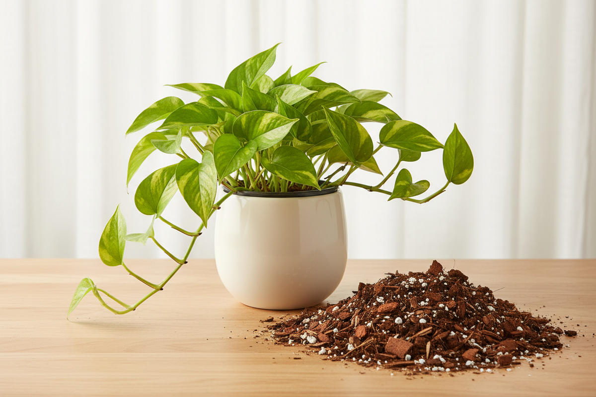 Golden Pothos plant in a white ceramic pot with chunky aroid soil mix including coco coir, perlite, and orchid bark spilled on a wood table, ready to be repotted