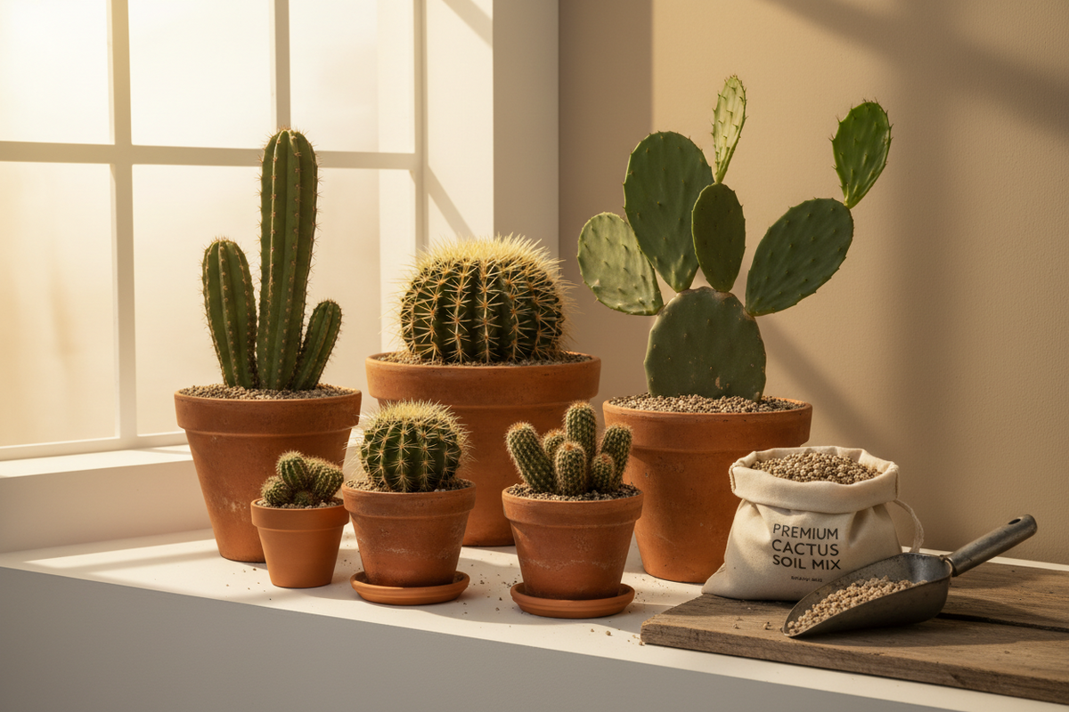 several cactus in brown pots near a window with a bag of cactus soil sitting beside them