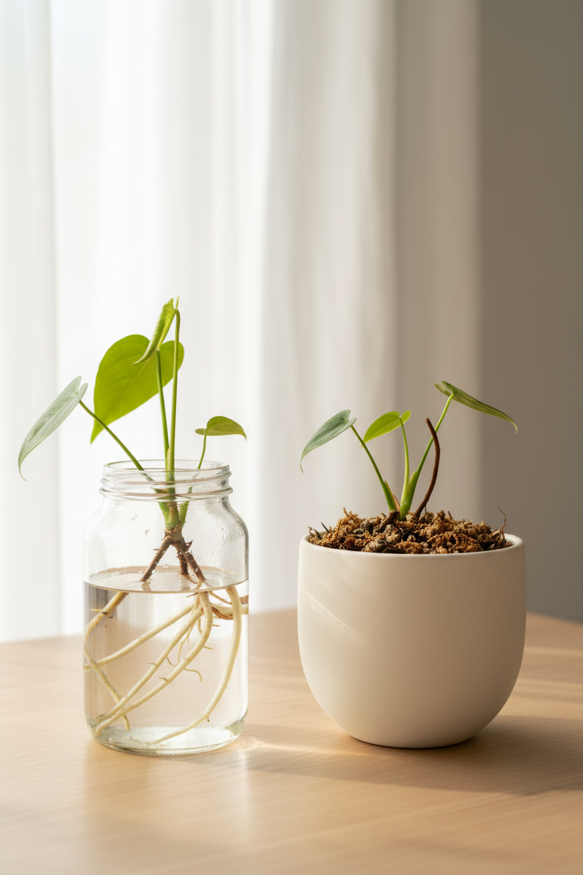 Anthurium with green leaves in a glass of water and a anthurium plant in a pot with soil with green leaves sitting on a table