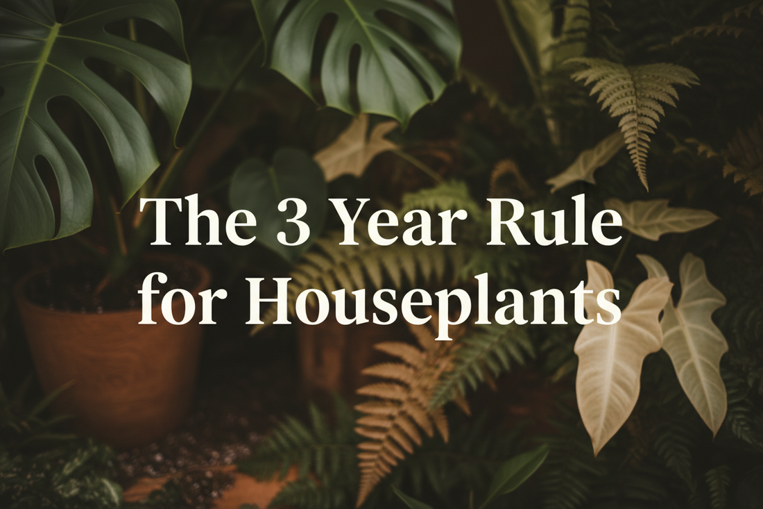 the 3 year rule for houseplants text image with tropical plants in the background