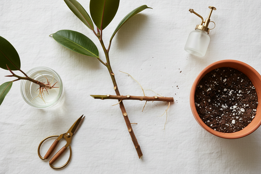 ficus tree stem on a table with a pot with soil and scissors and a glass of water and spray bottle