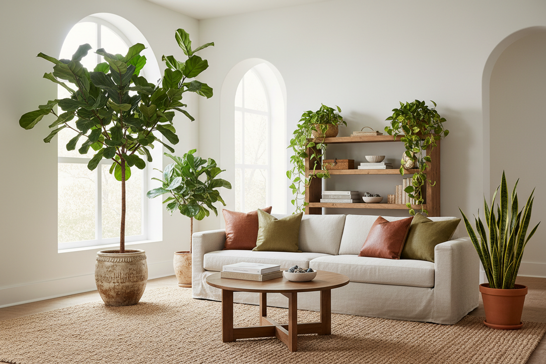 large and small plants in a room with 2 windows with sun shinning through and a white couch with brown table 