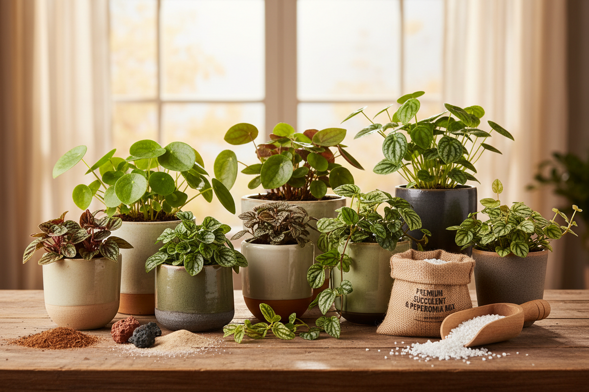 Peperomia plants with green leaves in pots next to a bag of perlite sitting on a brown table infront of a window
