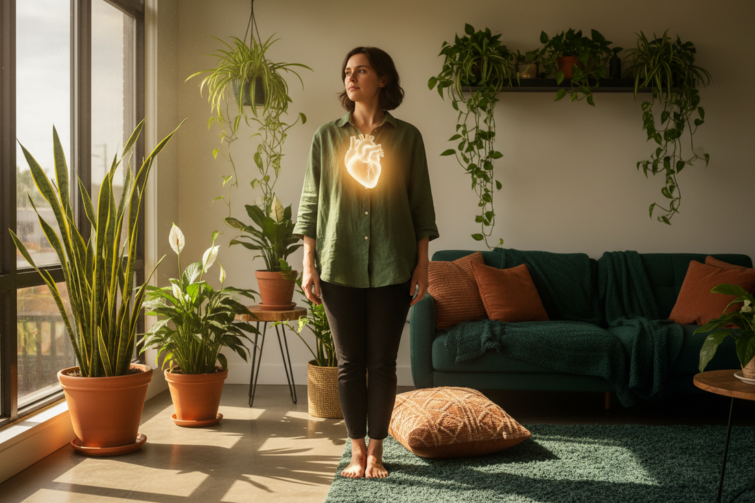 women with heart showing in a room with a snake plant, areca palm, peace Lilly and a green couch.