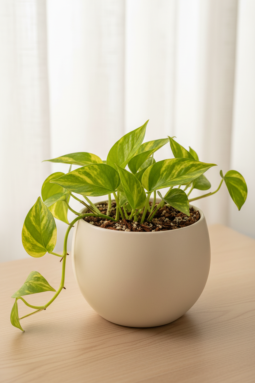 Golden Pothos houseplant with trailing vines in a white ceramic pot on a light wood table, indoor houseplant