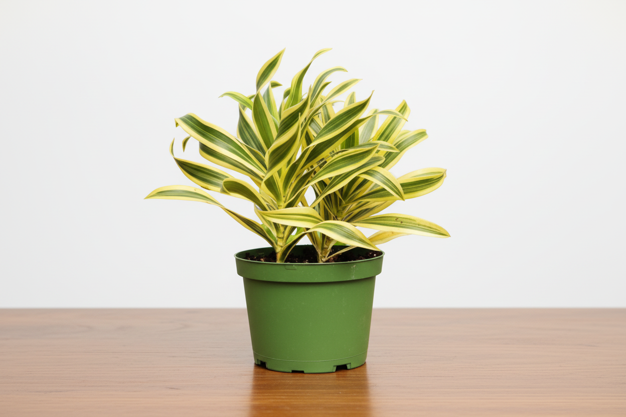 Potted plant with green and yellow leaves on a white background