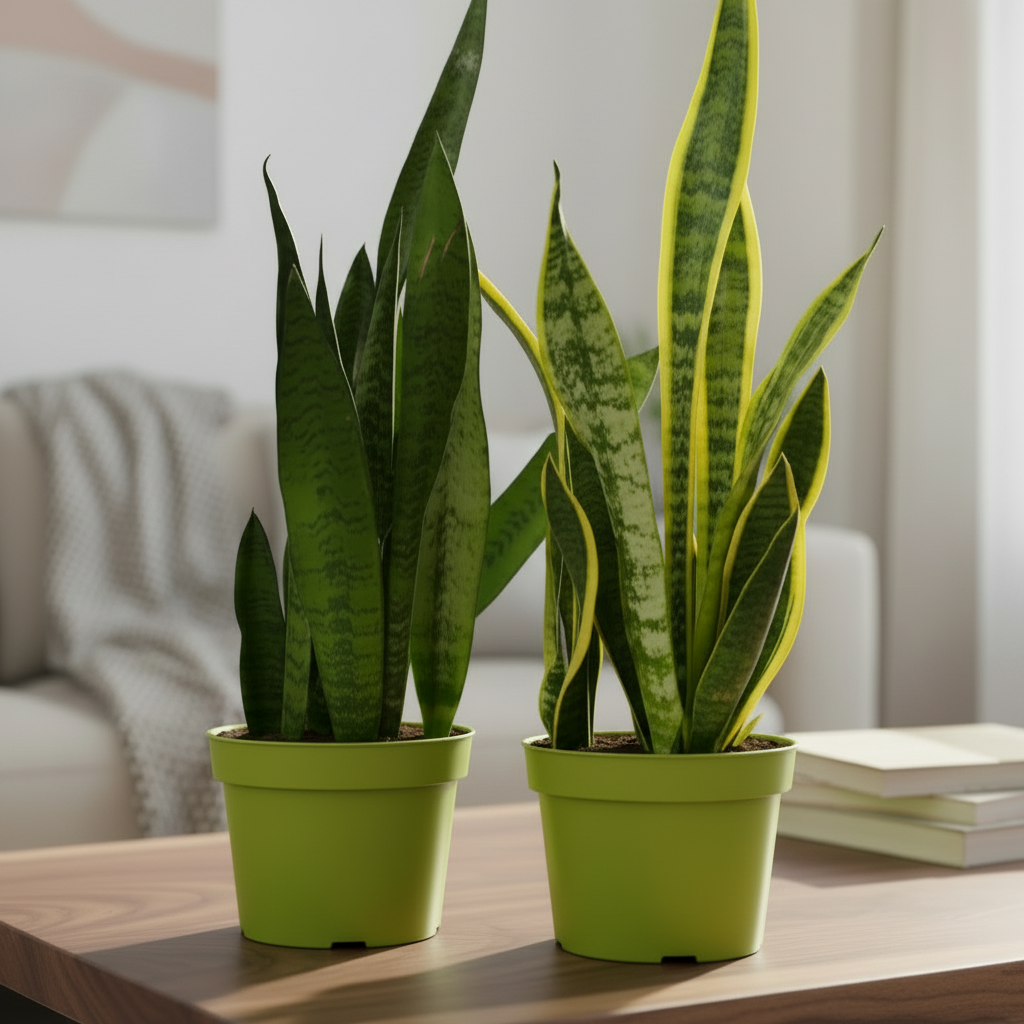 two potted snake plants with green and yellow stripe leaves sitting on a brown coffee table in a living room with a couch that has a blanket on couch