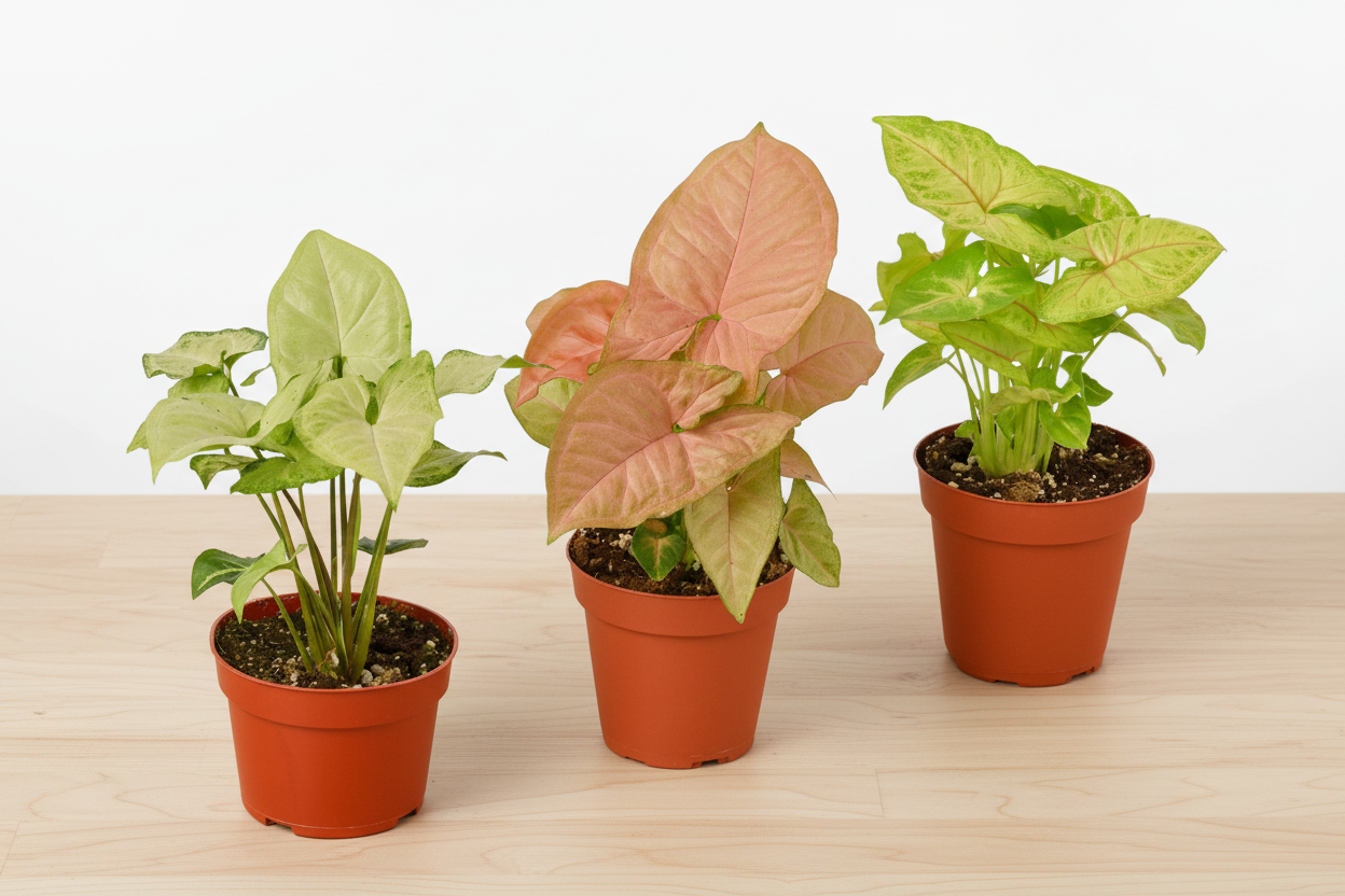 Three potted plants with different leaf colors on a white background