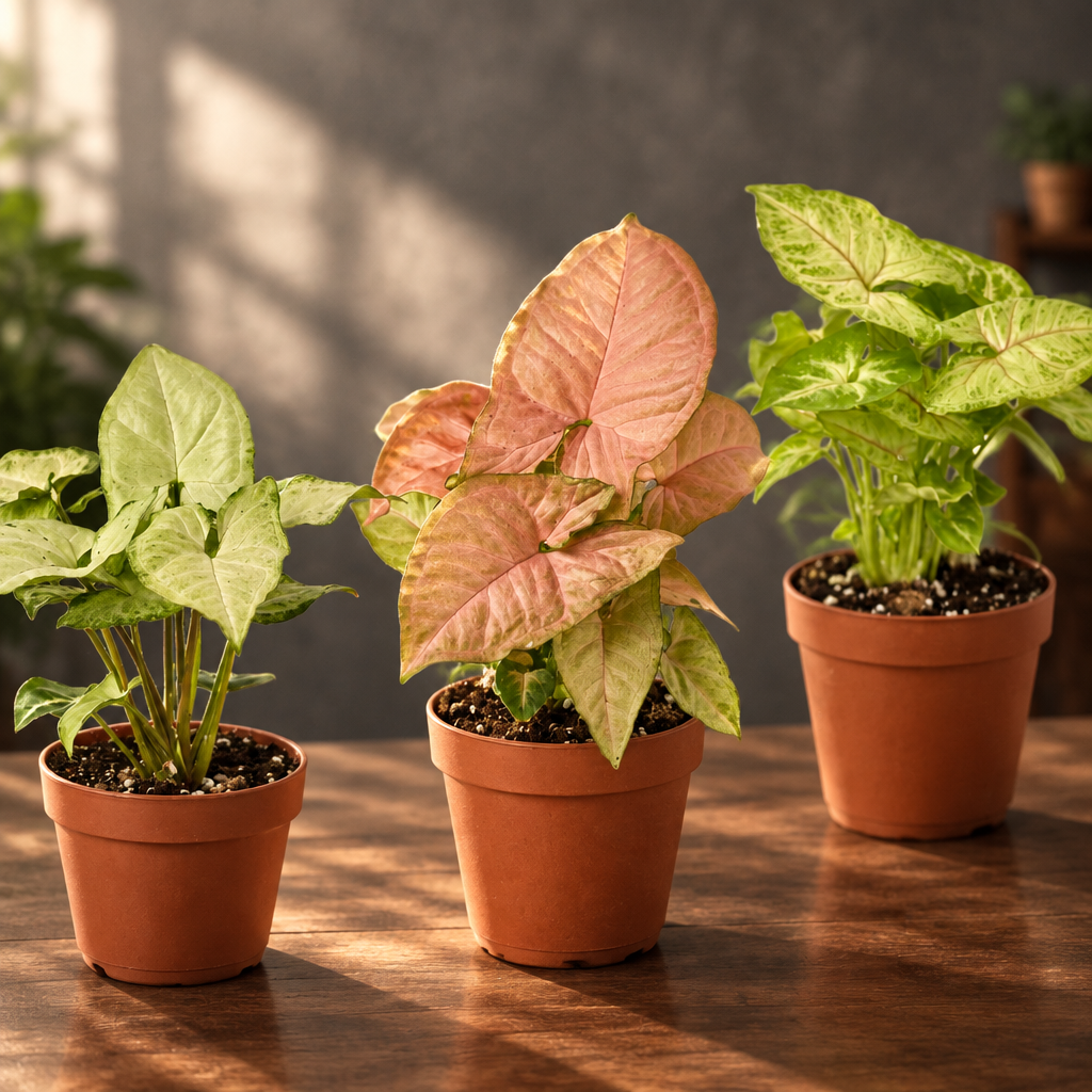 Three potted ‘Syngonium’ plants with different leaf colors on brown surface  with a grey background