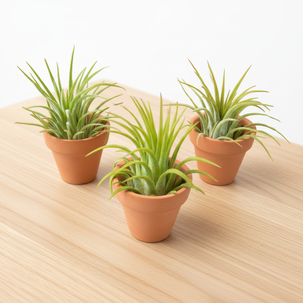 Three small potted plants with green leaves on a white background sitting a brown table
