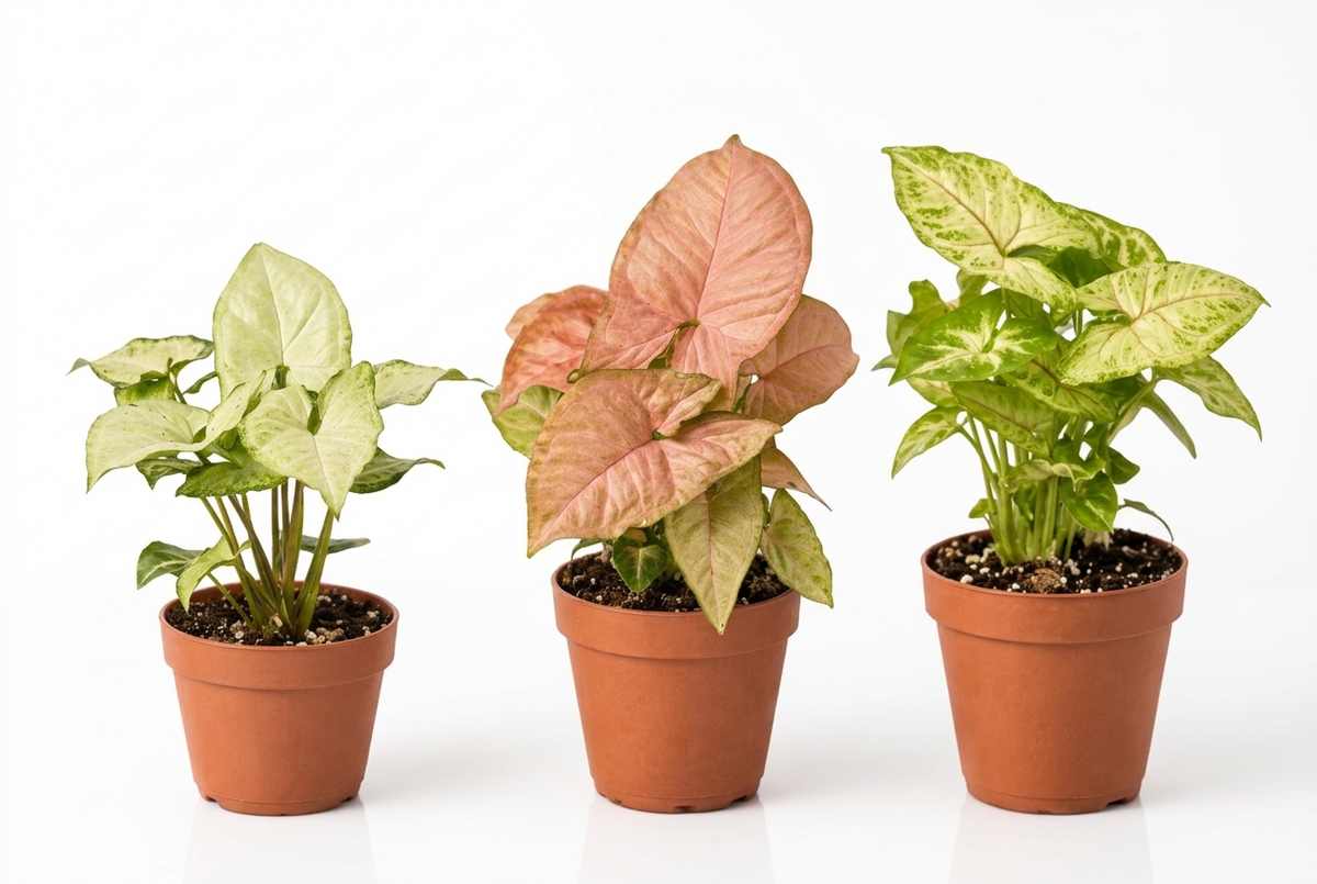 Three potted ‘Syngonium’ plants in 4” brown pots with different leaf colors on white a sold surface with a white background.