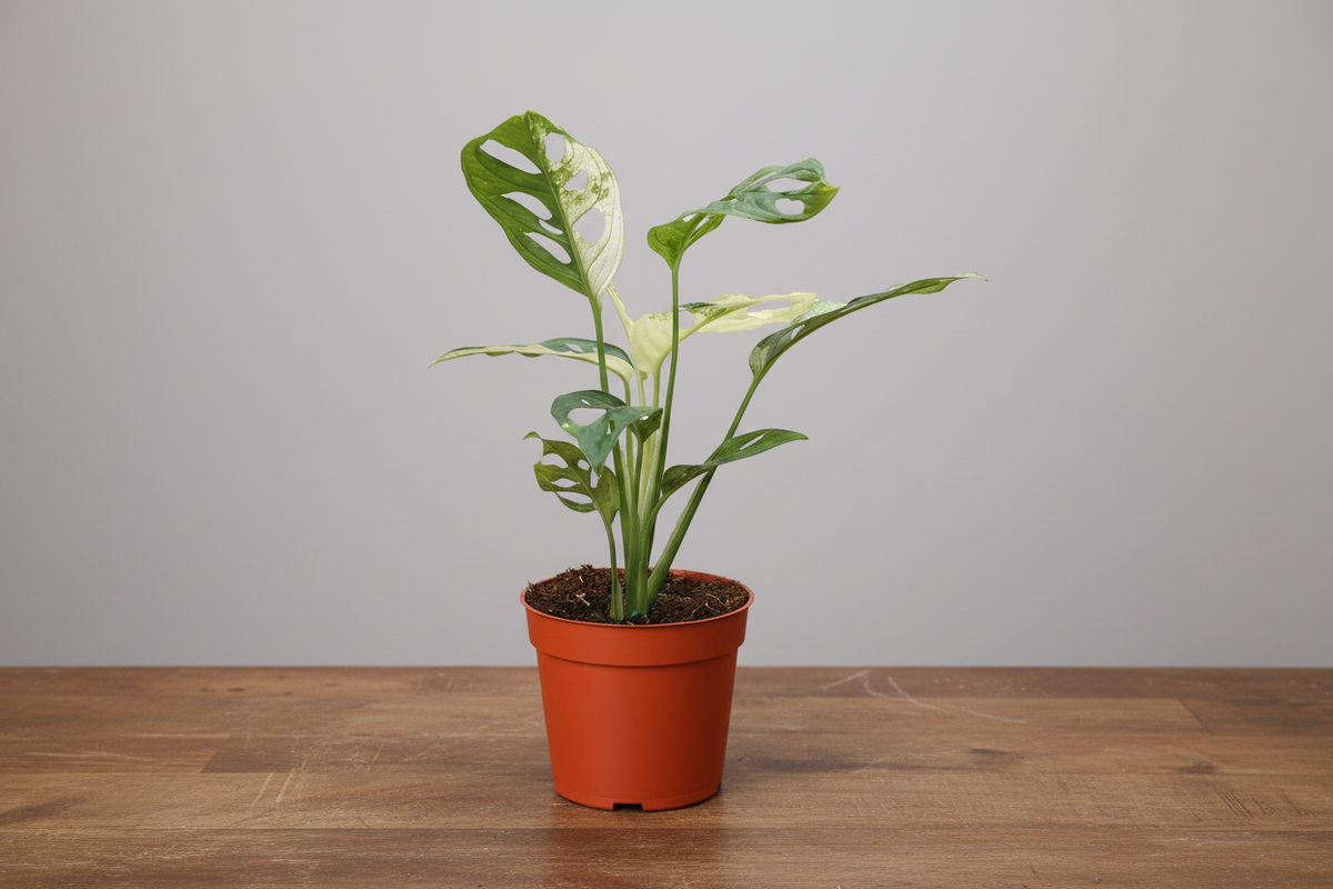 A potted Monstera plant with green and cream variegated leaves in a terracotta-colored plastic pot, placed on a wooden surface against a plain gray background.