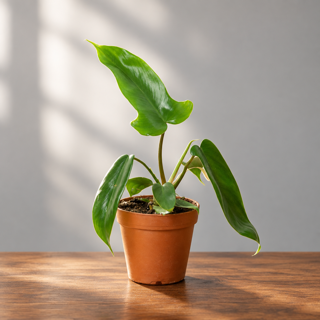 Potted philodendron Florida green with green leaves on a brown surface with grey background