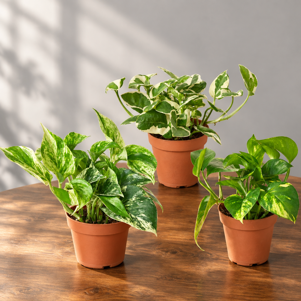 Three potted ‘Pothos’ plants with green leaves in brown pots on a brown surface with a grey background light shining through 