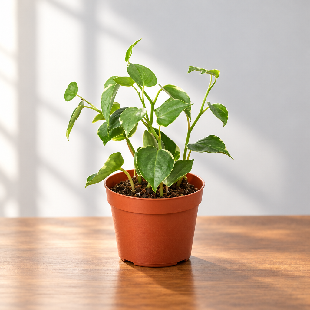 A small potted peperomia Cupid plant with heart-shaped leaves in a terracotta-colored plastic nursery pot  on a brown surface with grey background.
