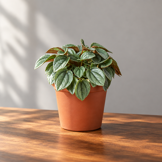 A potted peperomia ‘Napoli Nights’ houseplant with green leaves and some reddish-brown tips, shown in a plain orange-brown plastic pot against a grey background.