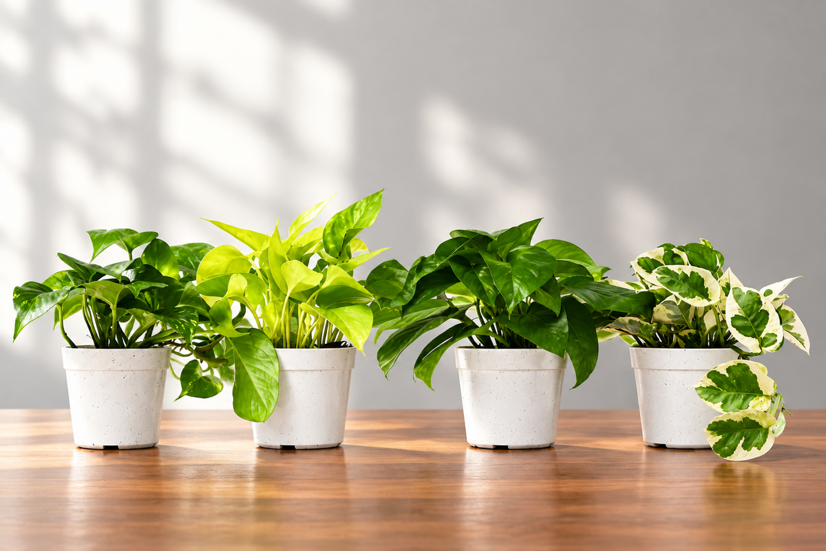 4 Different Pothos Plants with green leaves in white 4" Pots on a brown surface with grey background 