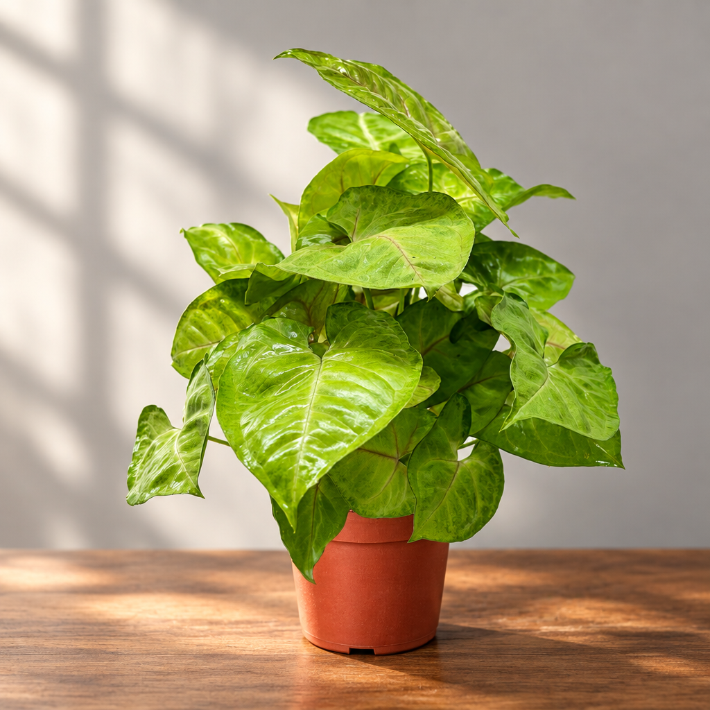 A potted green syngonium ‘cream allusion’ houseplant with glossy heart-shaped leaves in a brown colored plastic pot, isolated on a brown surface with a grey background.
