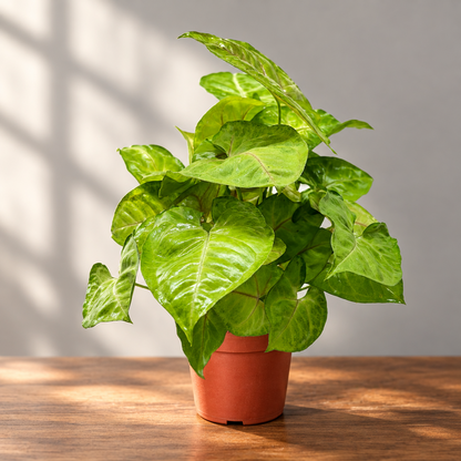 A potted green syngonium ‘cream allusion’ houseplant with glossy heart-shaped leaves in a brown colored plastic pot, isolated on a brown surface with a grey background.
