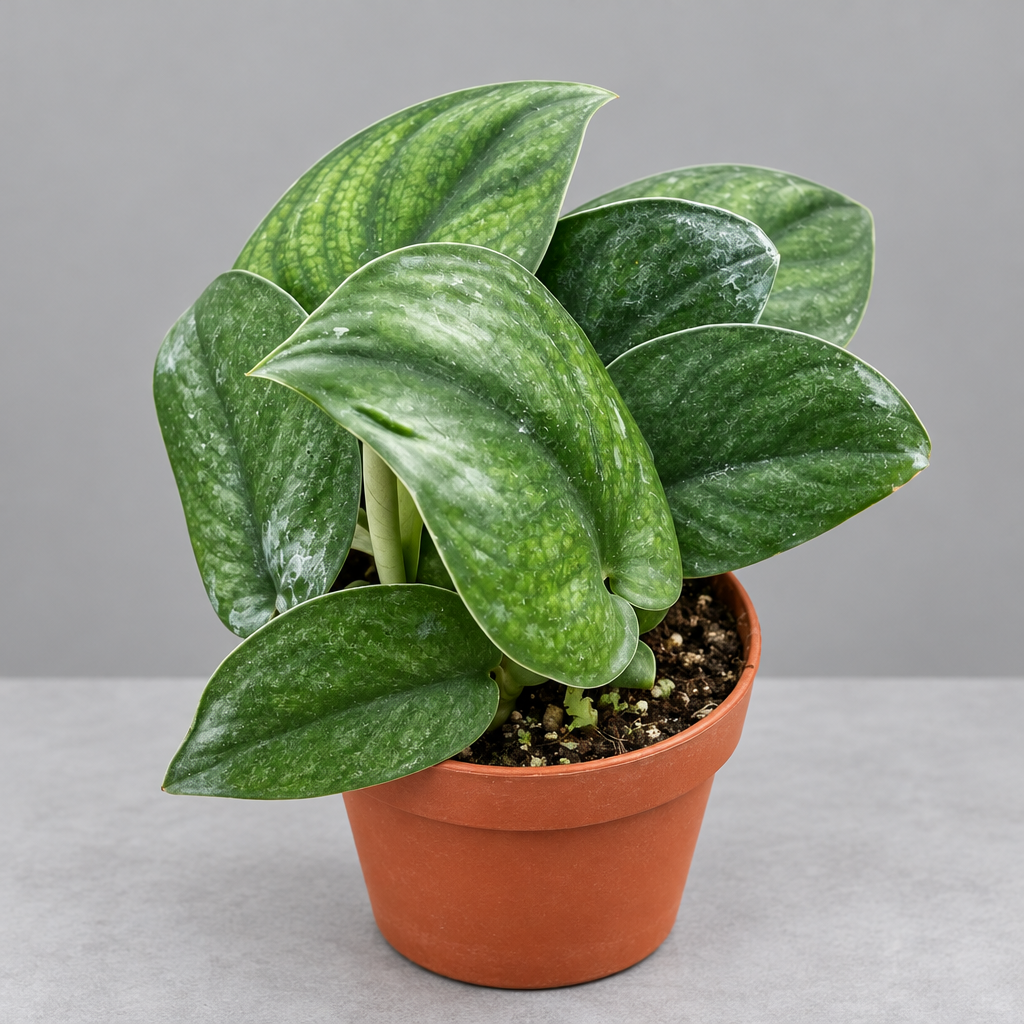 A potted ‘jade satin’ pothos plant with green leaves in a brown pot sitting on a grey surface with grey background.