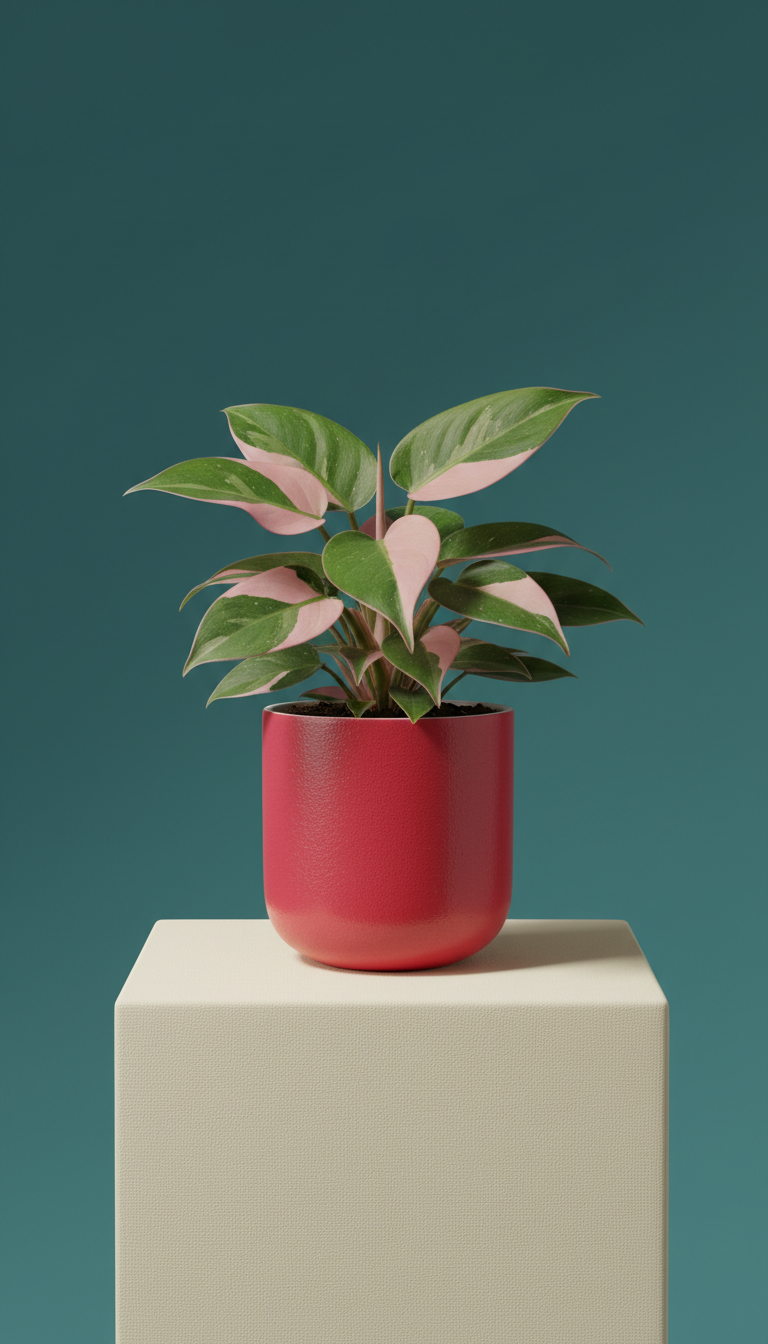 Philodendron Pink Princess in flamingo red ceramic