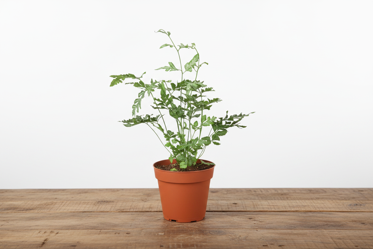 Potted plant with green leaves in a terracotta pot on a white background