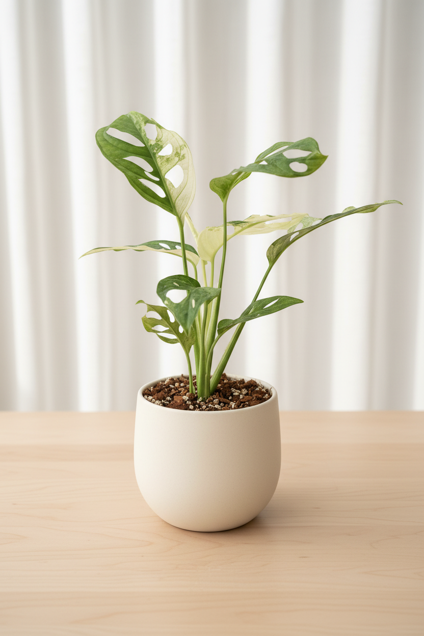 A potted Monstera plant with variegated green and white leaves in a terracotta-c
White pot , isolated on a white background
Sitting on a brown table 