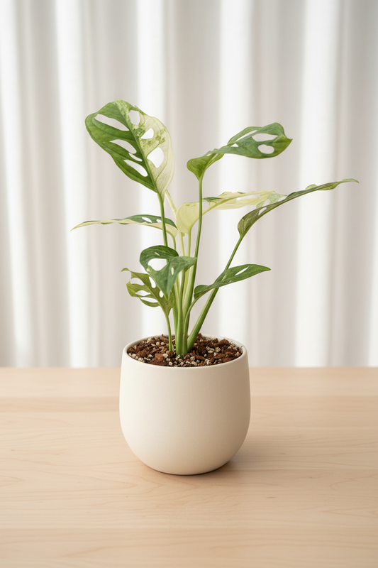 A potted Monstera plant with variegated green and white leaves in a terracotta-c
White pot , isolated on a white background
Sitting on a brown table 