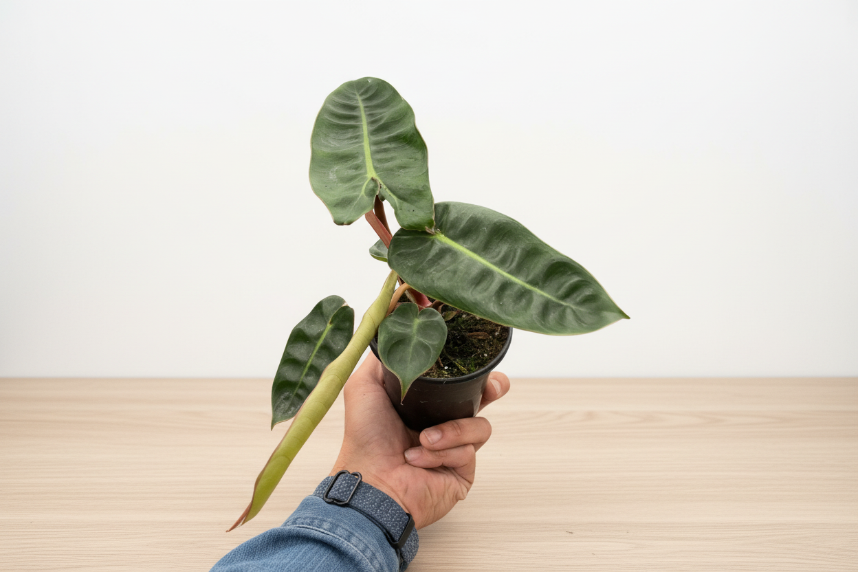 Hand holding a potted plant with large green leaves on a white background