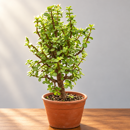 Potted bonsai ‘elephant bush’ plant with green leaves on a brown surface with grey background.