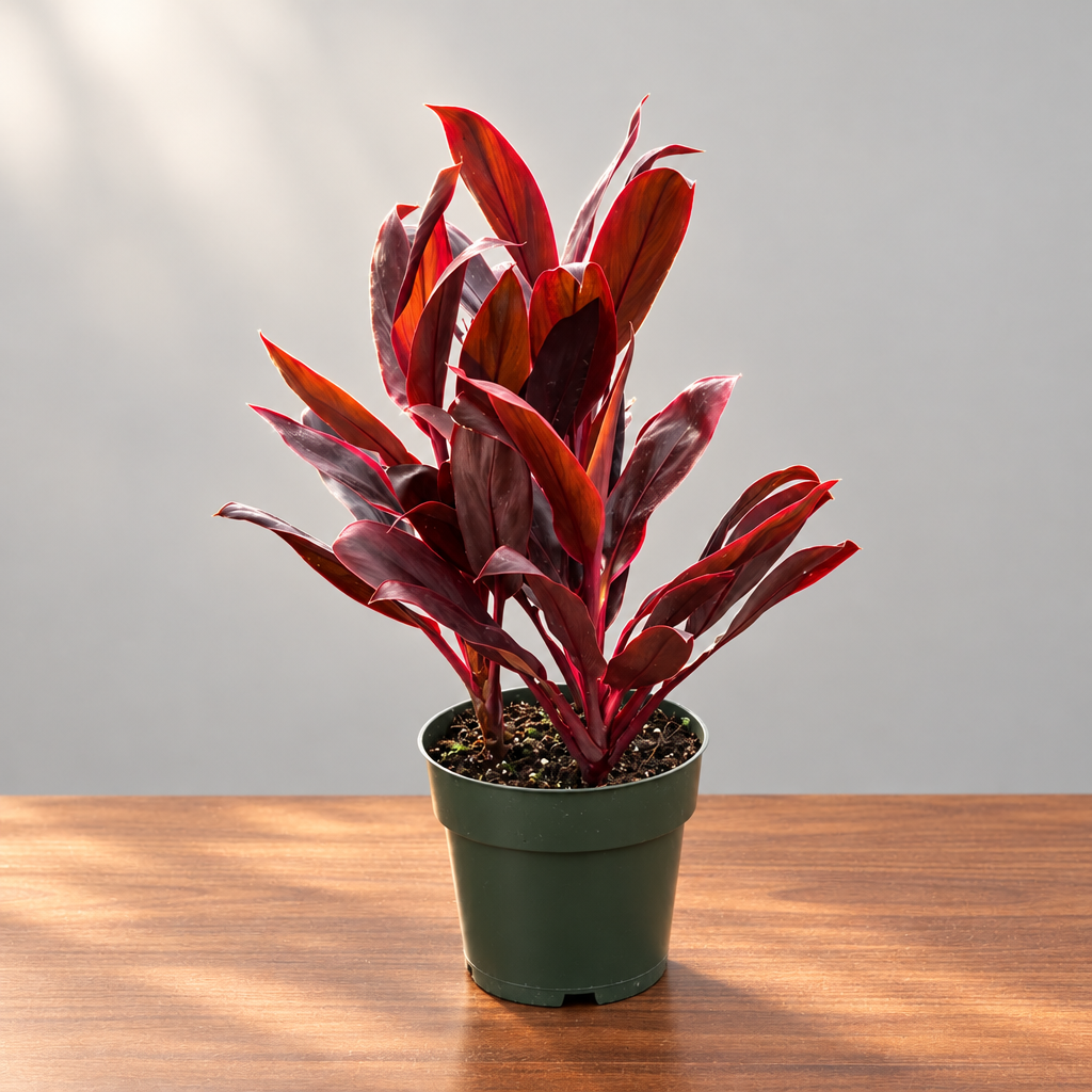 Potted cordyline ‘calypso queen’ plant with red leaves on a brown table with grey background in a green pot