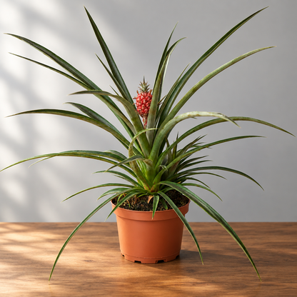 A potted bromeliad pineapple plant with long, sword-like green leaves and a small red-orange flower spike, shown in a terracotta-colored plastic pot against a plain light gray background.